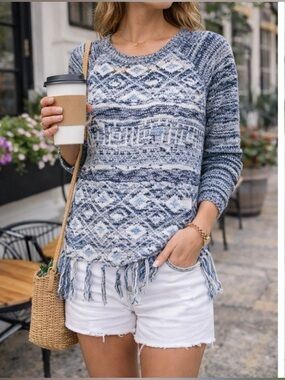 Anthro Blue Gray Boho Fringe Sweater Lightweight Spring Top Sz Medium